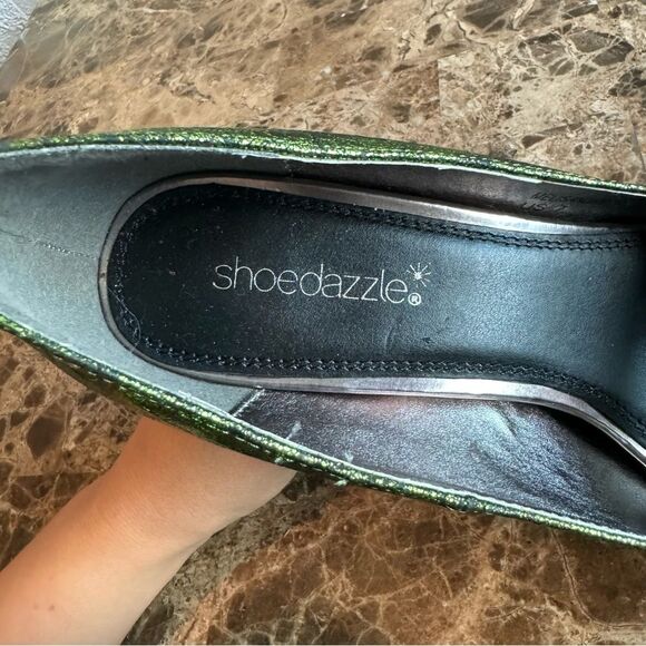 Shoe Dazzle Platform Heels Size 7 Metallic Green Snake Print Peep Toe - Picture 9 of 12